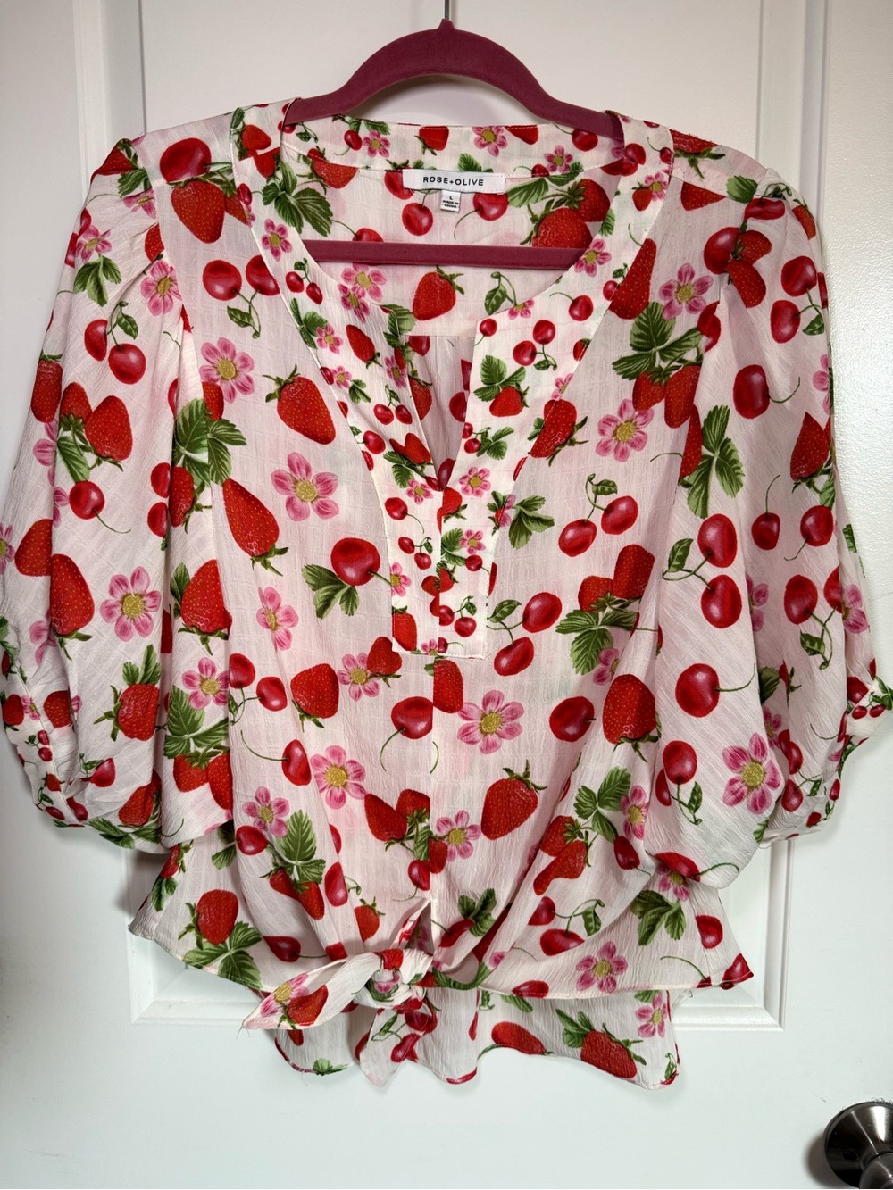 Rose & Olive Cottagecore Strawberry and Cherry Tie-Front Blouse